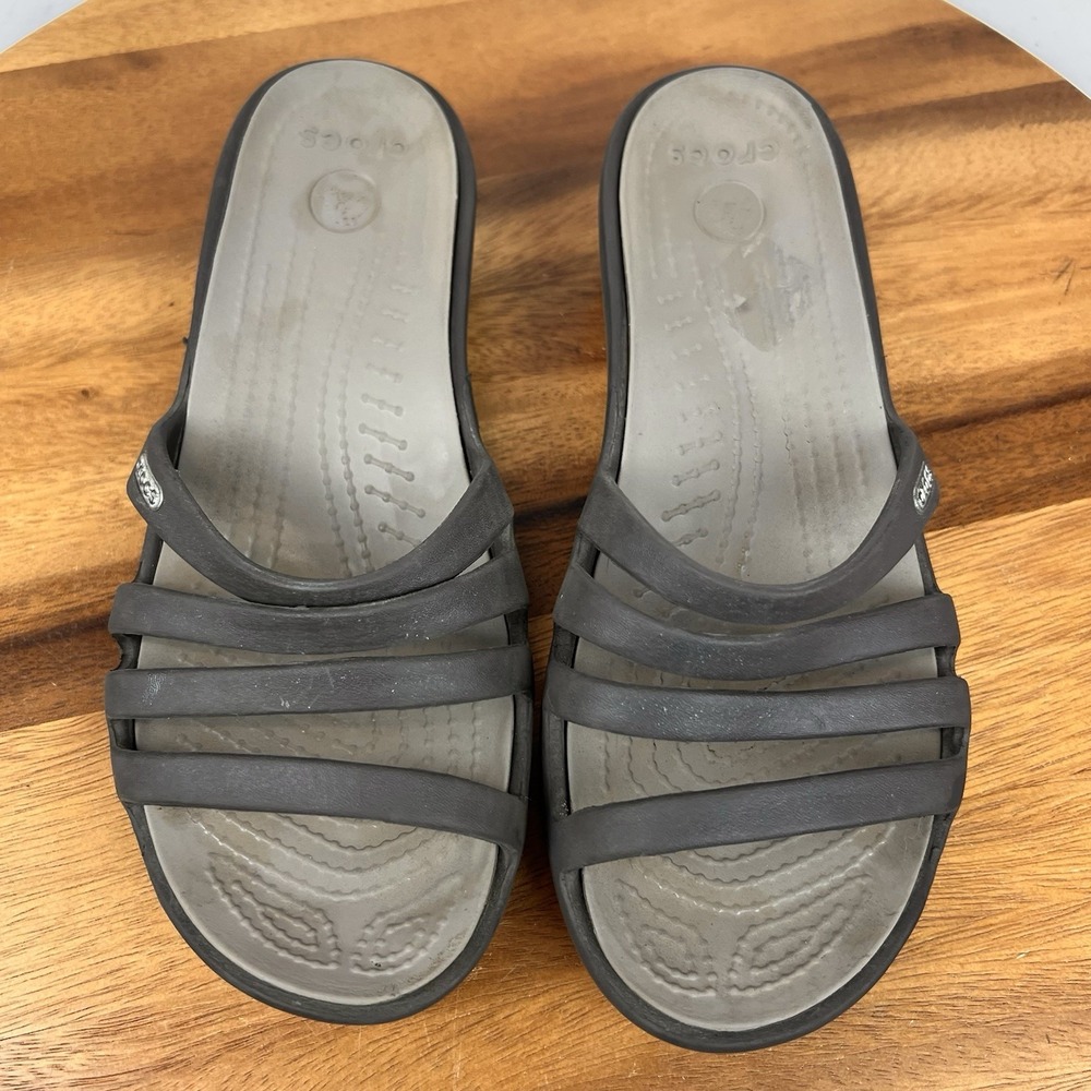 Womens Crocs Rhonda Brown Slip On Comfort Mini Wedge Slides Sandals Size 6 M GUC - Picture 6 of 8